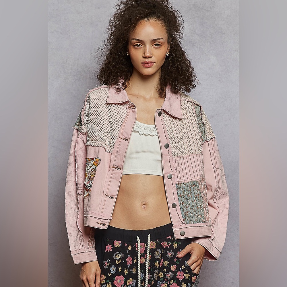 POL Patchwork Denim Jacket Pink Boho Cottagecore Lace Shabby Chic Size Small